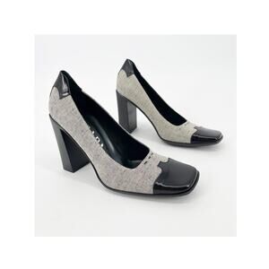 Prada Vintage 90s Black Leather Trim Gray Fabric Square Toe Block Heels IT 38